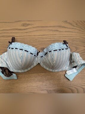 Y2K La SENZA Light Blue and Brown Striped Lace-Trim Push-Up Bra